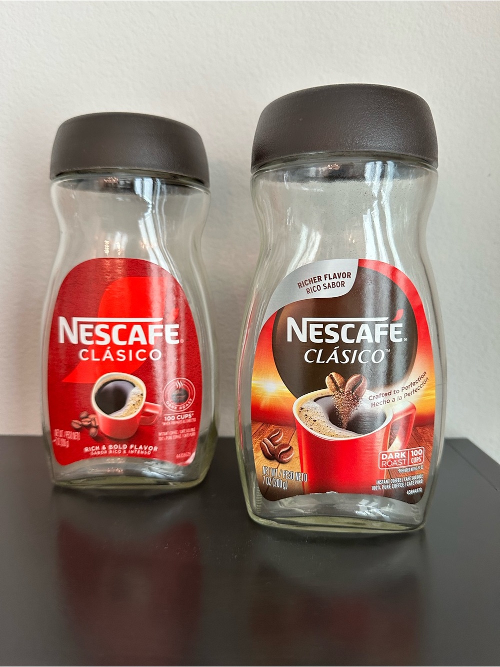 2 Nescafé Glass Coffee Jars Empty 7.5” tall - Brown Lid, Red Label
